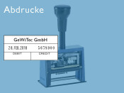 Numeroteur Reiner DN65a mit Datum links (Zs 7 | Zg 4) Datum-Art: Ziffern | Schriftart: Block / Antiqua | Stempelfarbe: blau