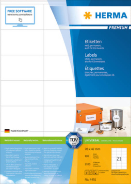 HERMA 4451 Etiketten Premium A4, weiß 70x42 mm Papier matt