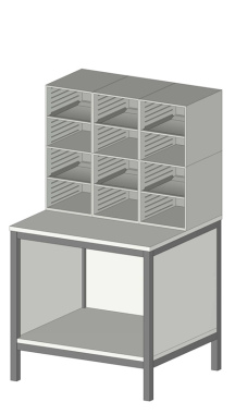 Sortiereinheit Styromega mit 12 Fächer auf Arbeitstisch in Stehhöhe - Variante A2.3