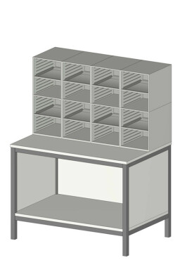 Sortiereinheit Styromega mit 16 Fächer auf Arbeitstisch in Stehhöhe - Variante B2.3