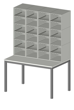 Sortiereinheit Styromega mit 24 Fächer auf Arbeitstisch in Sitzhöhe - Variante B3.2