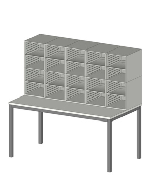 Sortiereinheit Styromega mit 20 Fächer auf Arbeitstisch in Sitzhöhe - Variante C2.2