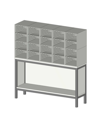 Sortiereinheit Styromega mit 20 Fächer auf offenen Unterschrank - Variante C2.5